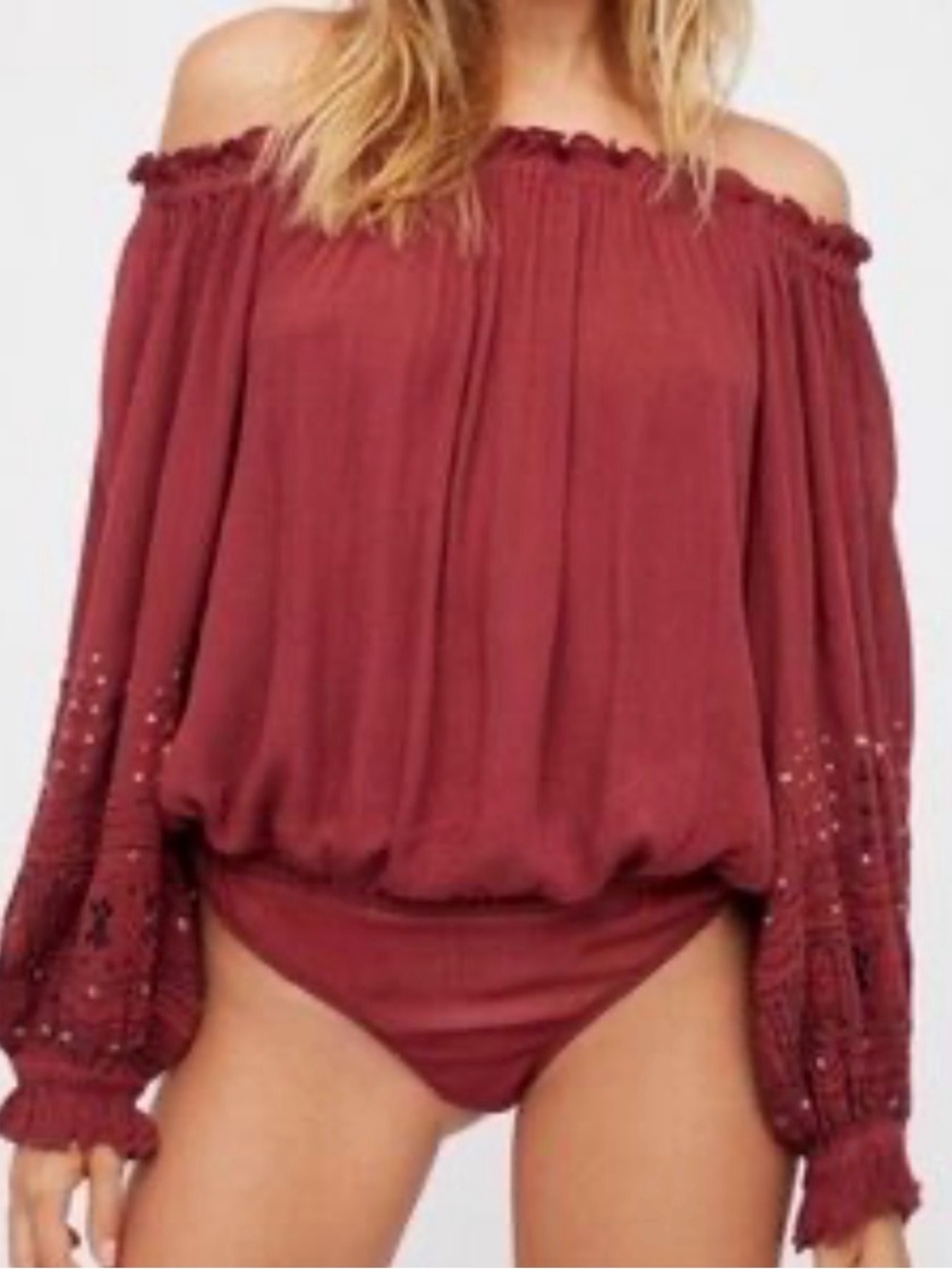 Free People Embroidered Wine Balloon-Sleeve Bodysuit